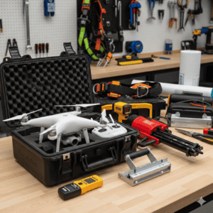 Professional roofing tools used by West Quality Construction including drones and nailers.