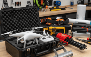 Professional roofing tools used by West Quality Construction including drones and nailers.