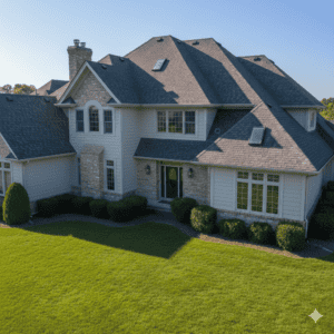 Professional drone flying over a residential roof for a damage inspection.