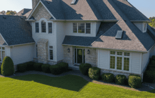 Professional drone flying over a residential roof for a damage inspection.