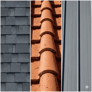 A collage showing different types of roofing materials like shingles, metal, and clay tiles.