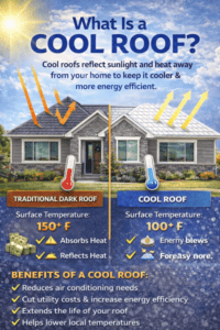 Reflective cool roof shingles on a sunny residential home.