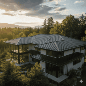 Modern black standing seam metal roof on a luxury home, showing 2026 exterior design trends.