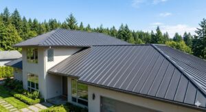 A residential home with a modern grey standing seam metal roof, showcasing the benefits of metal roofing for long-term durability.