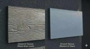 Close-up comparison of Cedarmill and Smooth textures available for James Hardie siding installation, mounted on the grey facade of a Calgary home.