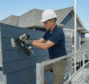 A professional installer applying James Hardie fiber-cement siding panels directly to the exterior wall of a residential home.